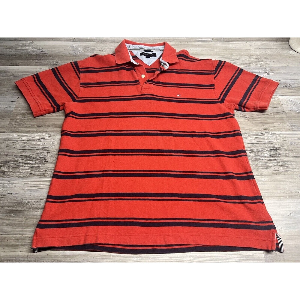 Vintage Tommy Hilfiger Mens Polo Shirt‎ XL Red Blue Striped Embroidered Logo Y2K